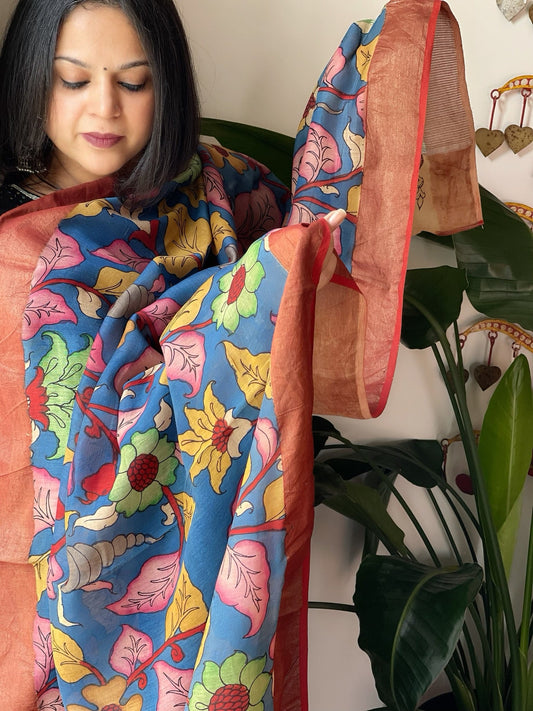 Handpainted Kalamkari Dupatta in Chanderi Silk - Masakalee
