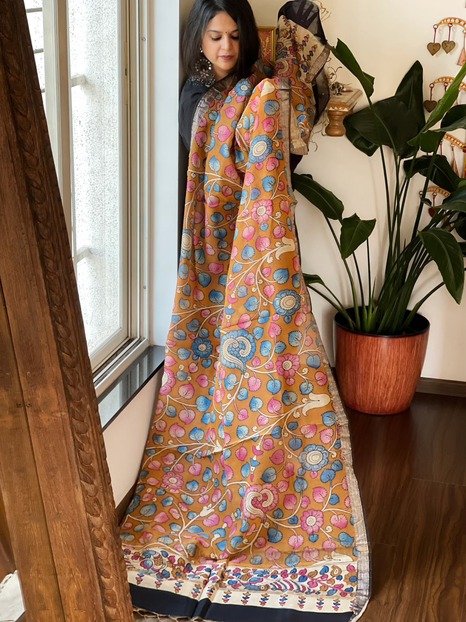 Handpainted Kalamkari Dupatta in Chanderi Silk - Masakalee