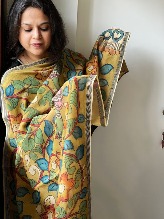 Handpainted Kalamkari Dupatta in Chanderi Silk - Masakalee
