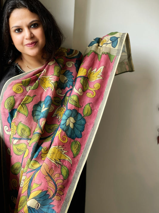 Handpainted Kalamkari Dupatta in Chanderi Silk - Masakalee