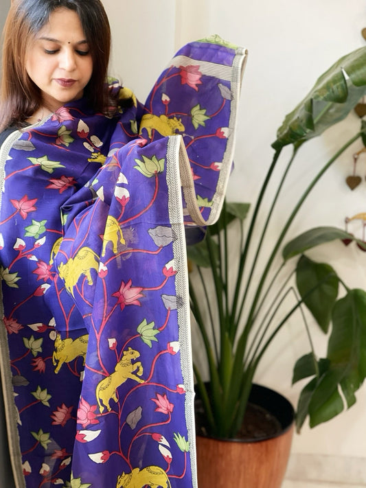 Handpainted Kalamkari Dupatta in Chanderi Silk - Masakalee