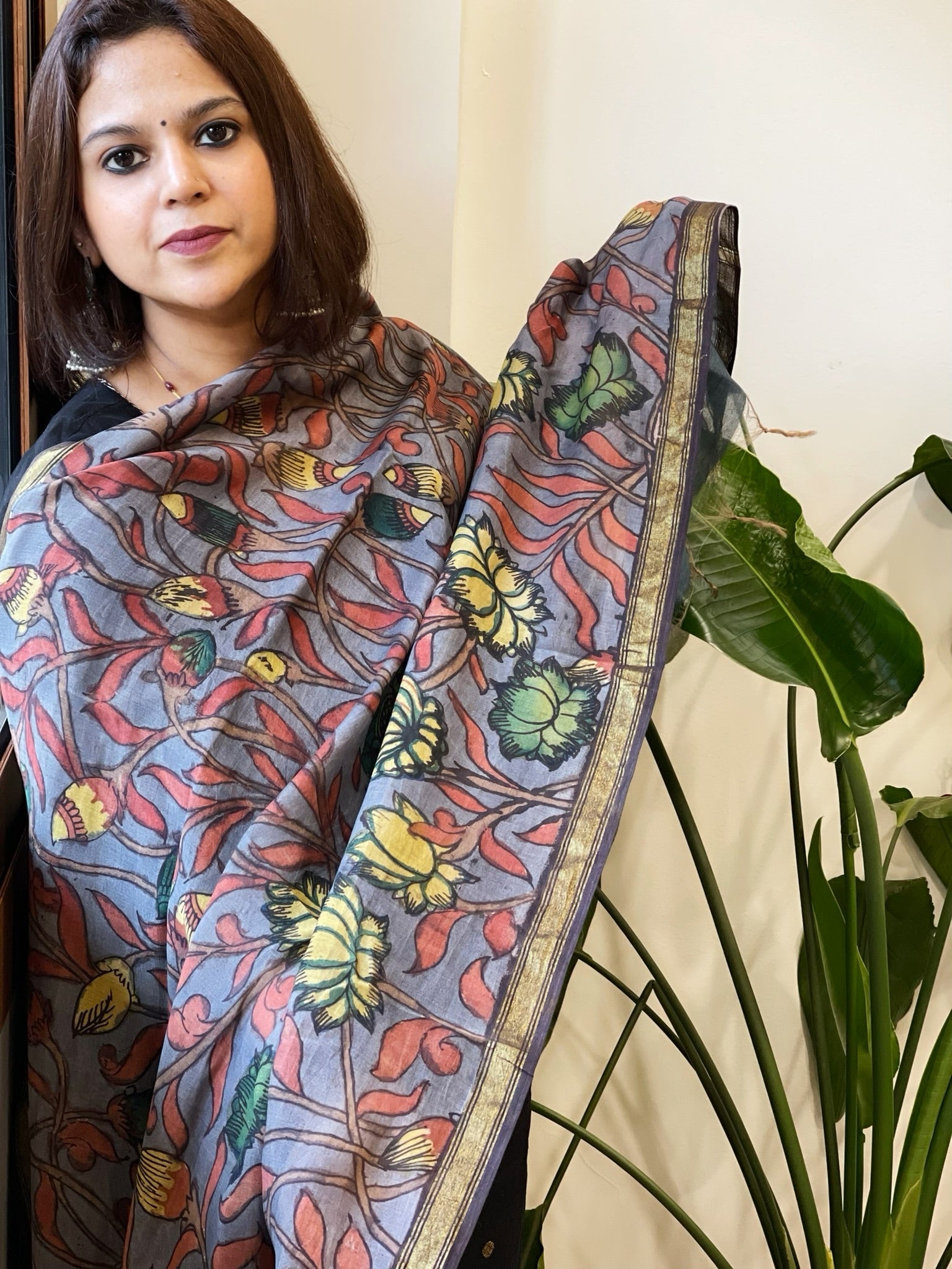 Handpainted Kalamkari Dupatta in Chanderi Silk - Masakalee
