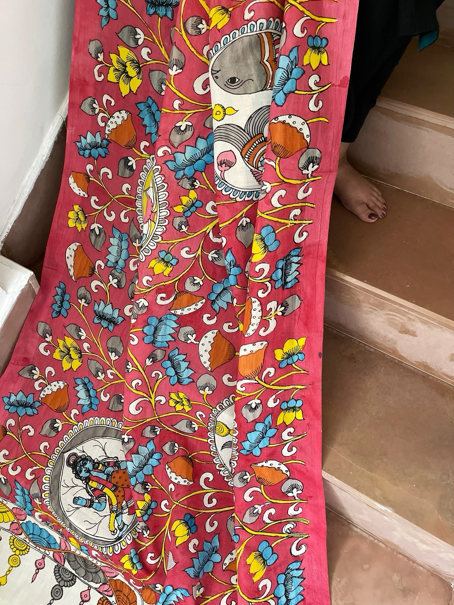 Handpainted Kalamkari Dupatta in Chennuri Silk - Masakalee