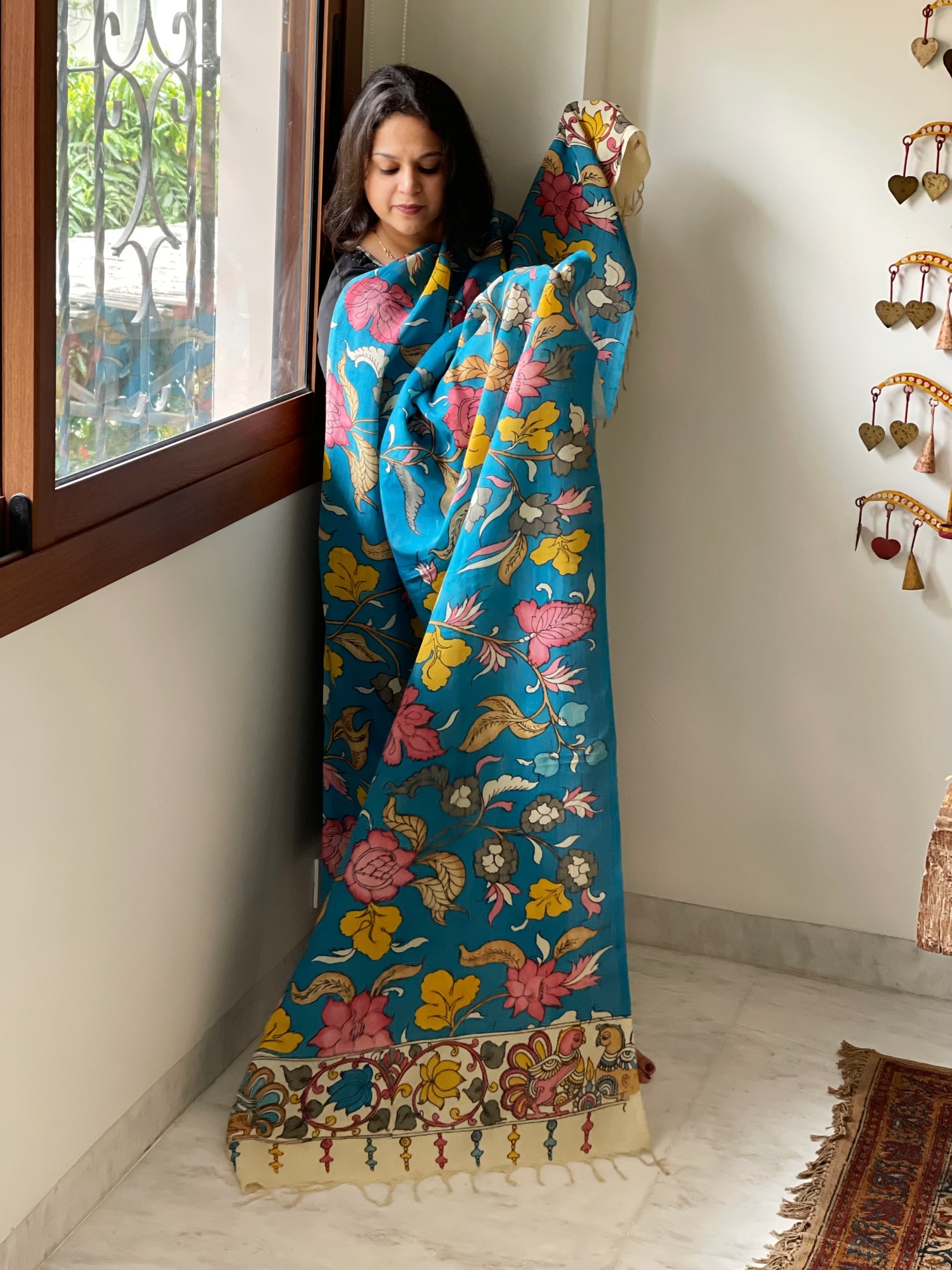 Handpainted Kalamkari Dupatta in Chennuri Silk - Masakalee