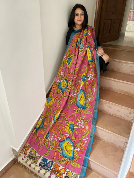 Handpainted Kalamkari Dupatta in Chennuri Silk - Masakalee