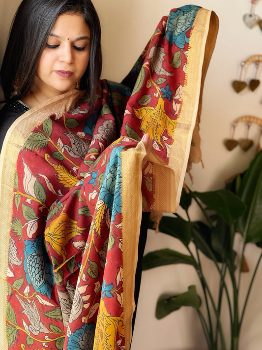 Handpainted Kalamkari Dupatta in Chennuri Silk - Masakalee