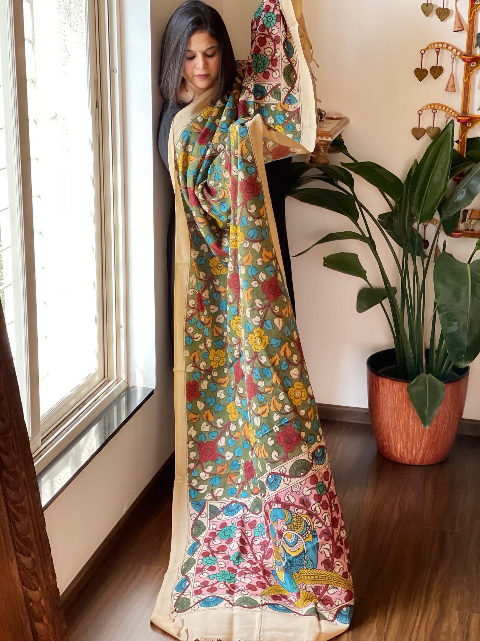 Handpainted Kalamkari Dupatta in Chennuri Silk - Masakalee