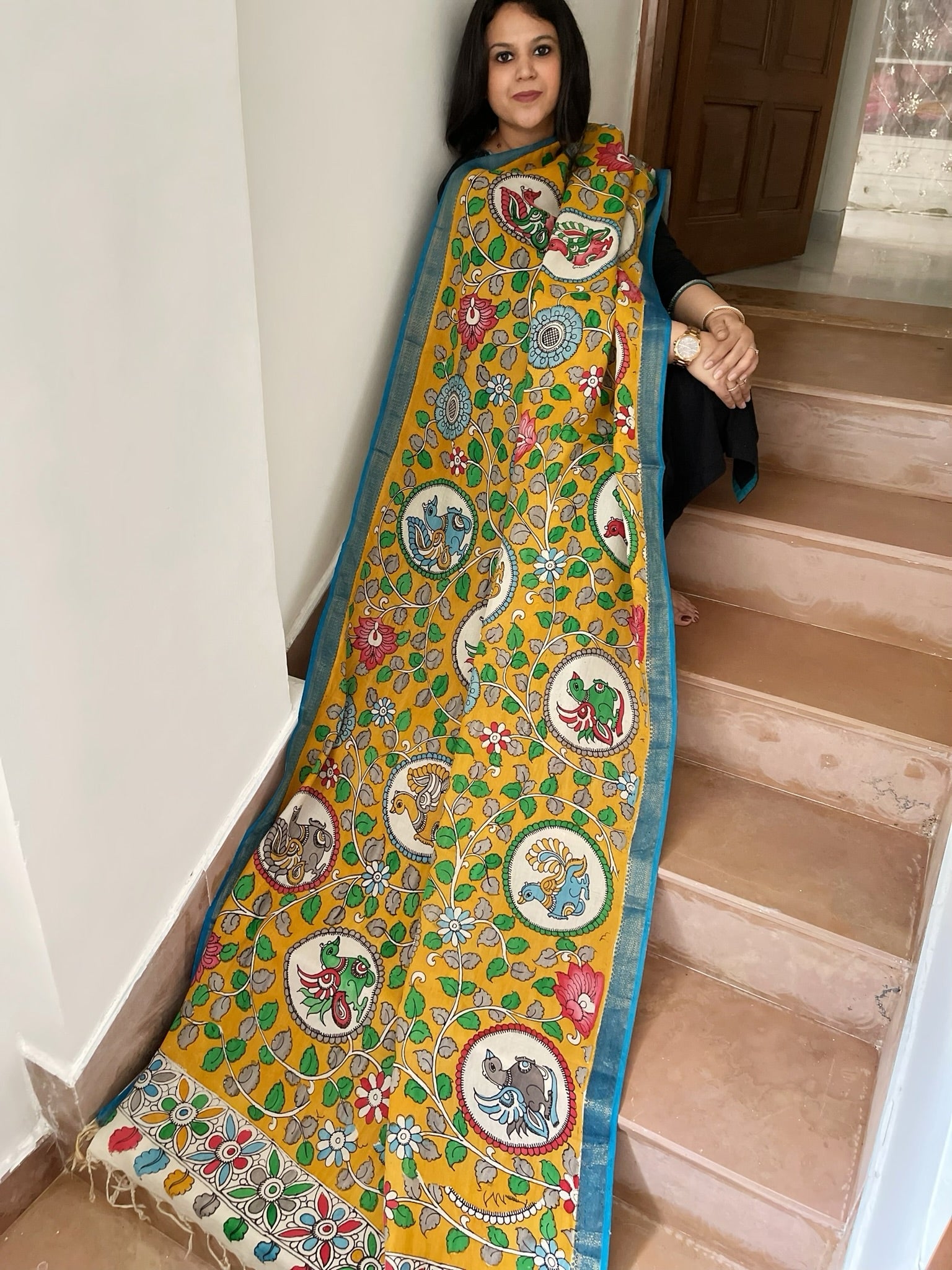 Handpainted Kalamkari Dupatta in Chennuri Silk - Masakalee