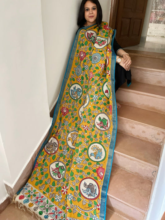 Handpainted Kalamkari Dupatta in Chennuri Silk - Masakalee