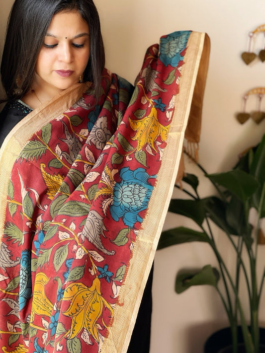 Handpainted Kalamkari Dupatta in Chennuri Silk - Masakalee