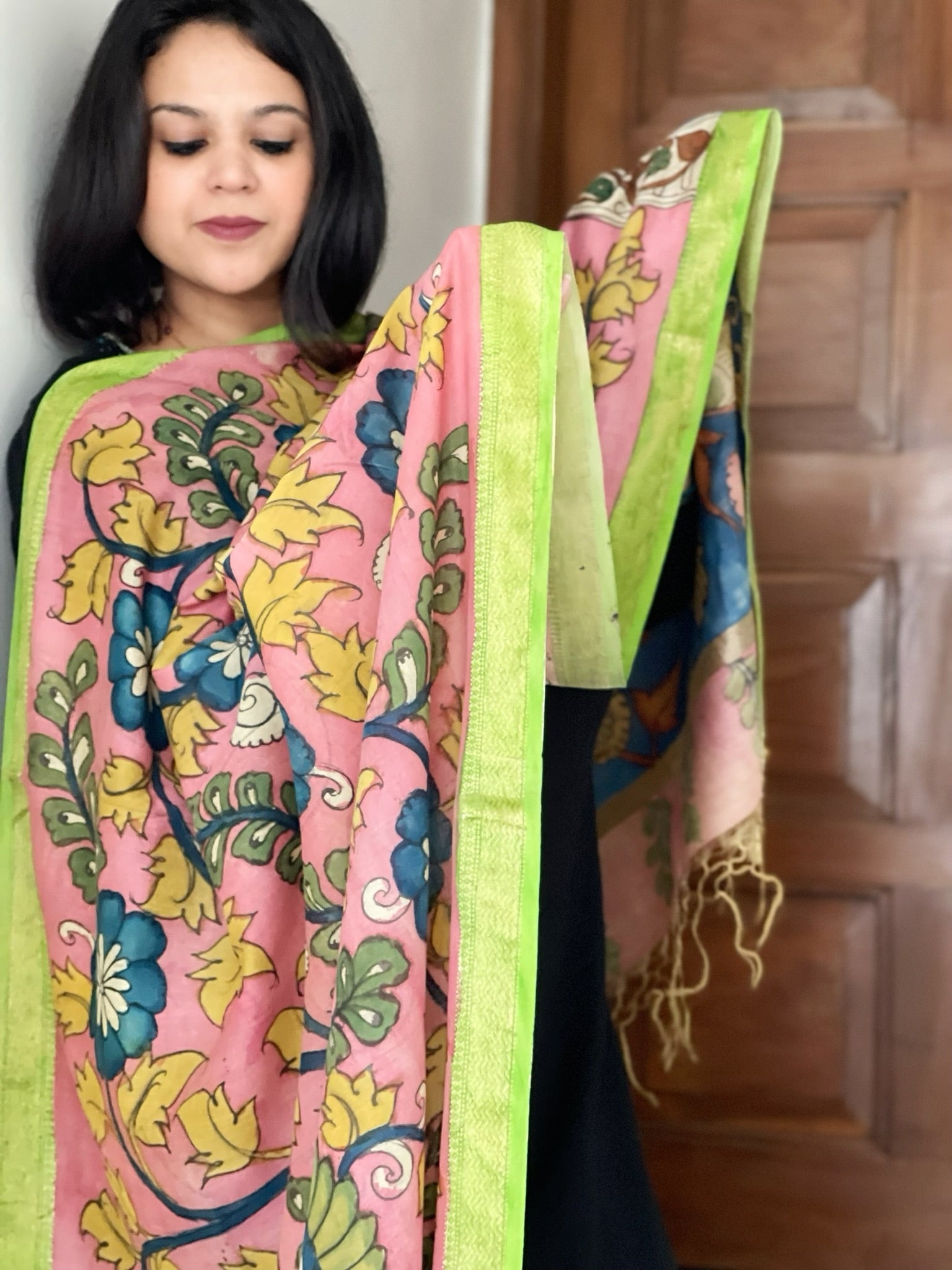 Handpainted Kalamkari Dupatta in Chennuri Silk - Masakalee