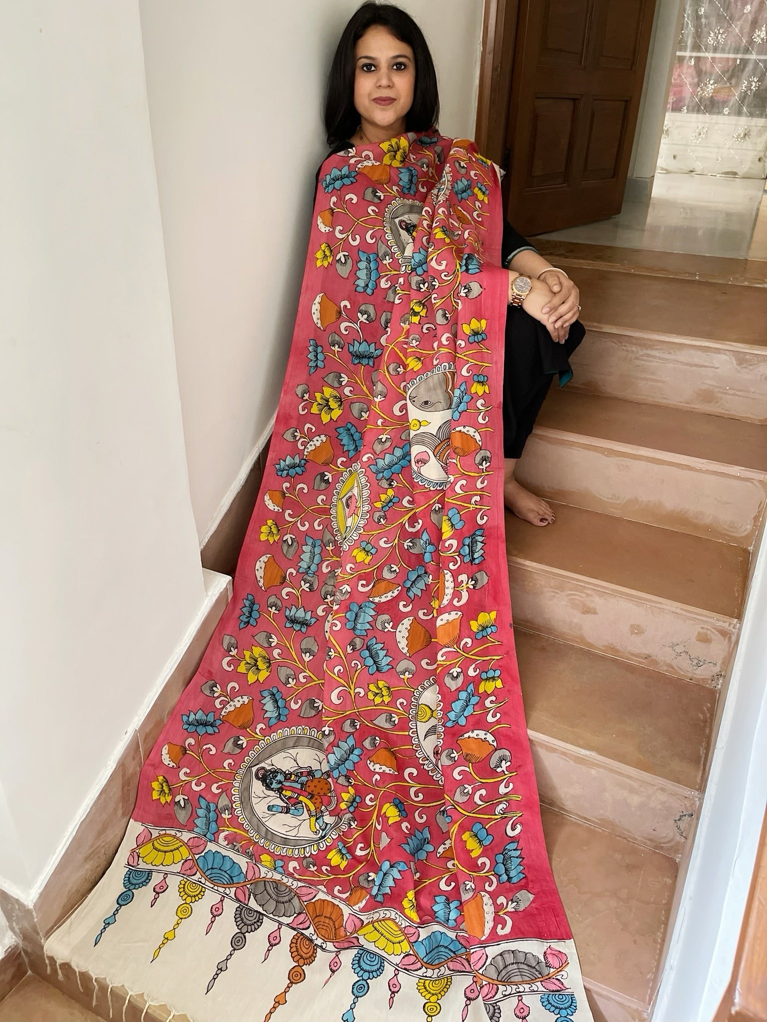 Handpainted Kalamkari Dupatta in Chennuri Silk - Masakalee