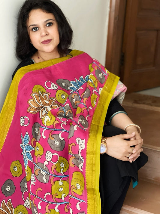 Handpainted Kalamkari Dupatta in Chennuri Silk - Masakalee