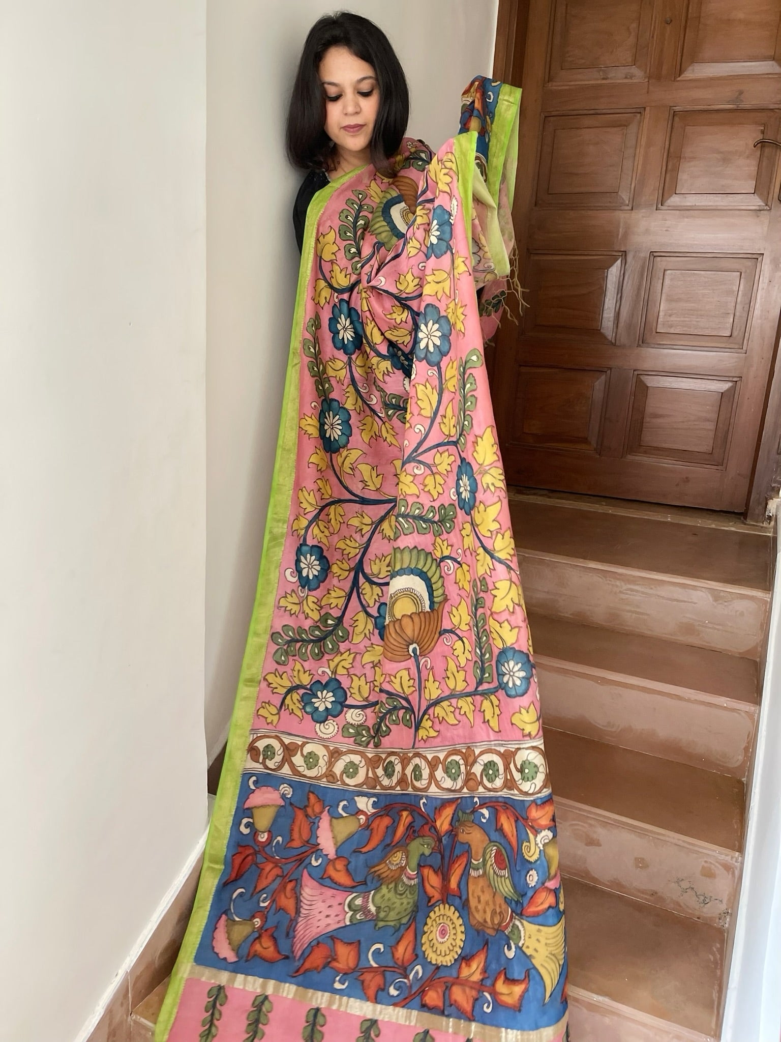 Handpainted Kalamkari Dupatta in Chennuri Silk - Masakalee