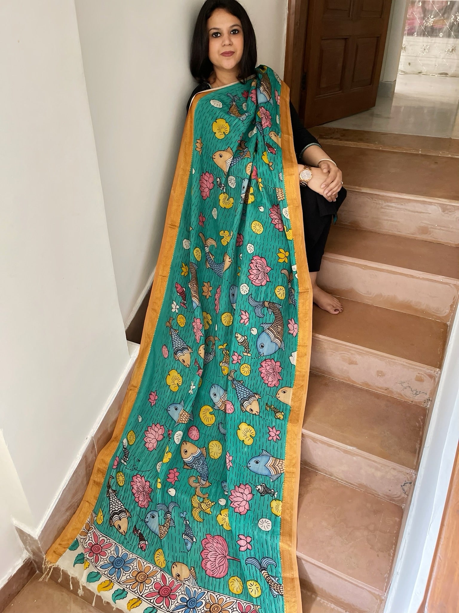 Handpainted Kalamkari Dupatta in Chennuri Silk - Masakalee