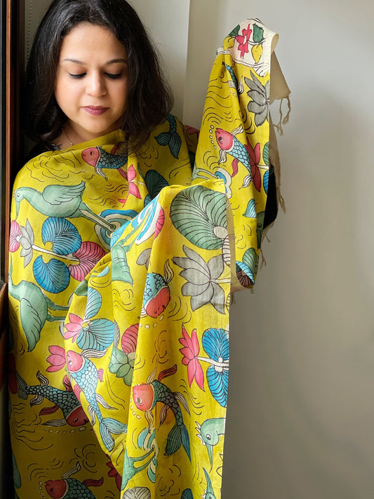 Handpainted Kalamkari Dupatta in Chennuri Silk - Masakalee