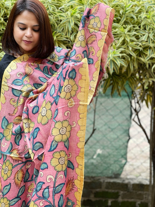 Handpainted Kalamkari Dupatta in Tussar Silk - Masakalee