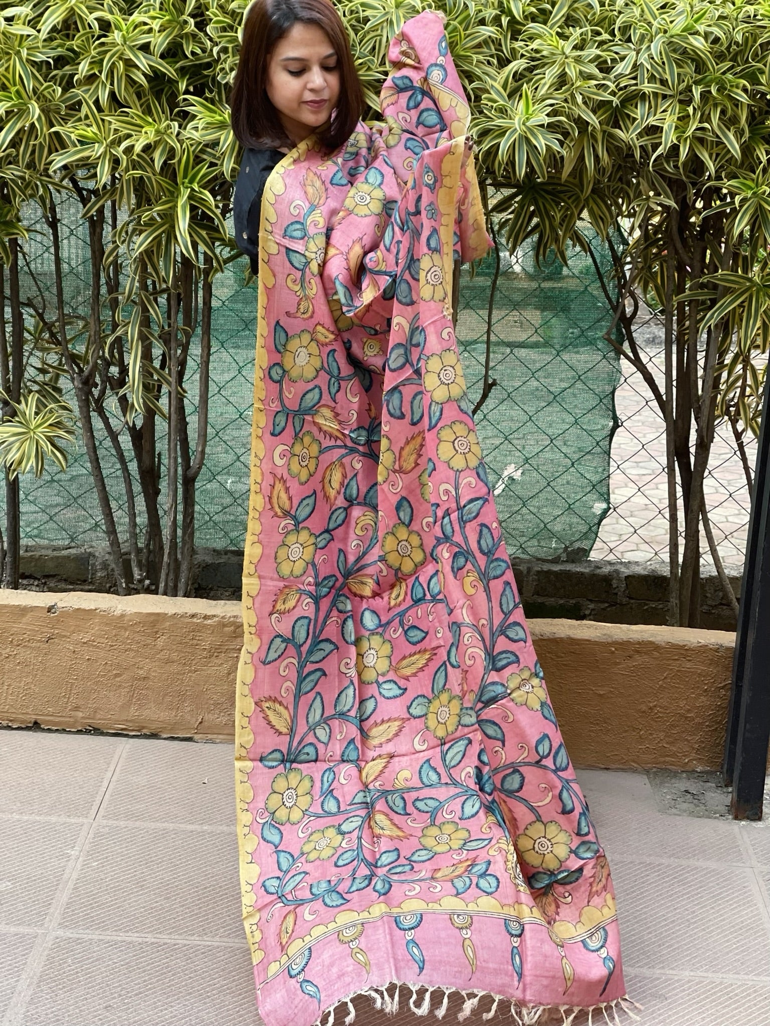 Handpainted Kalamkari Dupatta in Tussar Silk - Masakalee