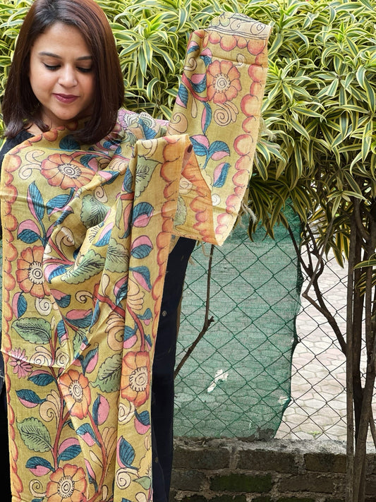 Handpainted Kalamkari Dupatta in Tussar Silk - Masakalee