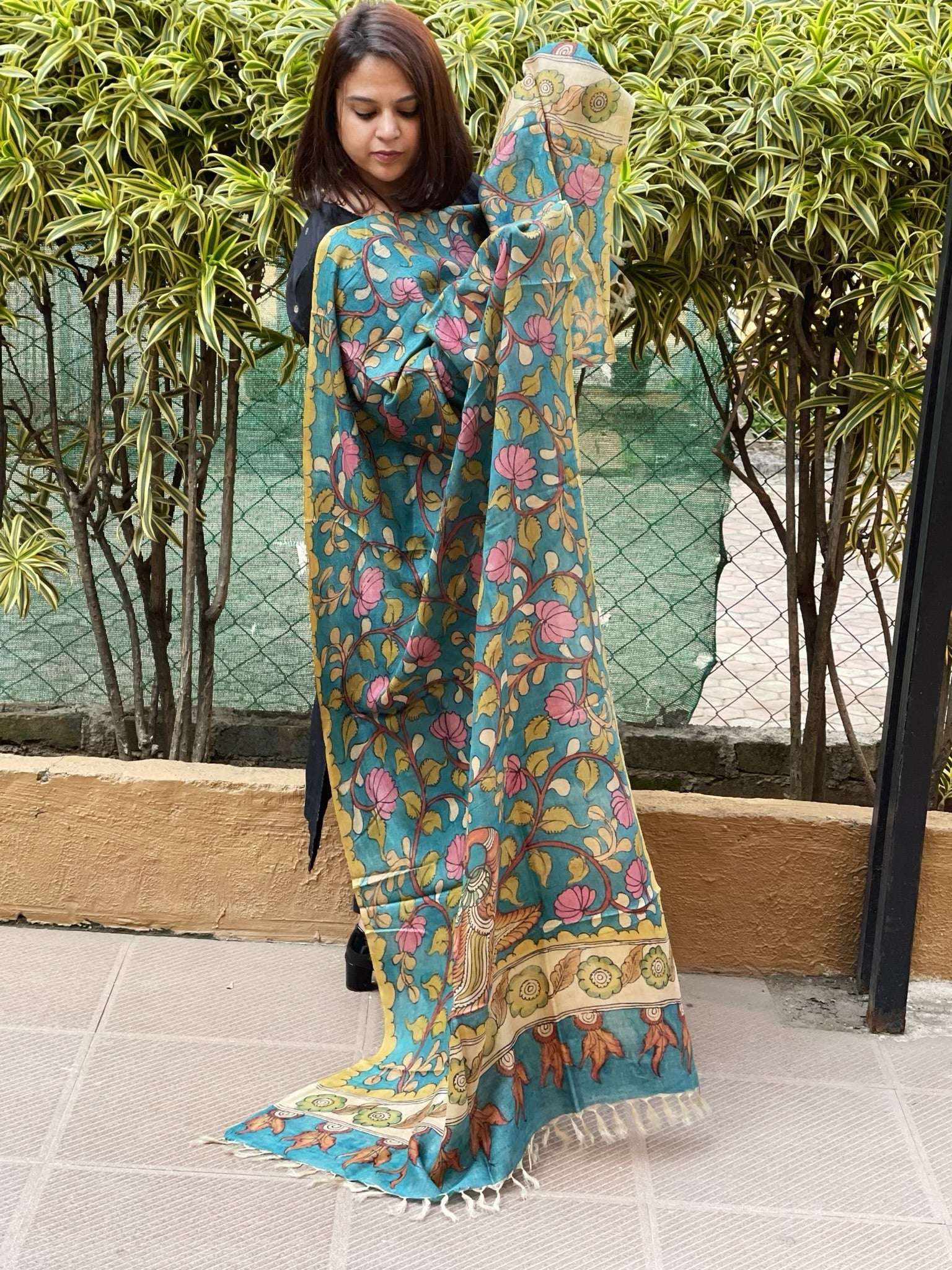 Handpainted Kalamkari Dupatta in Tussar Silk - Masakalee