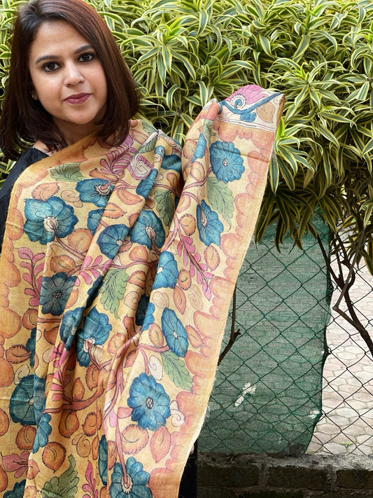 Handpainted Kalamkari Dupatta in Tussar Silk - Masakalee
