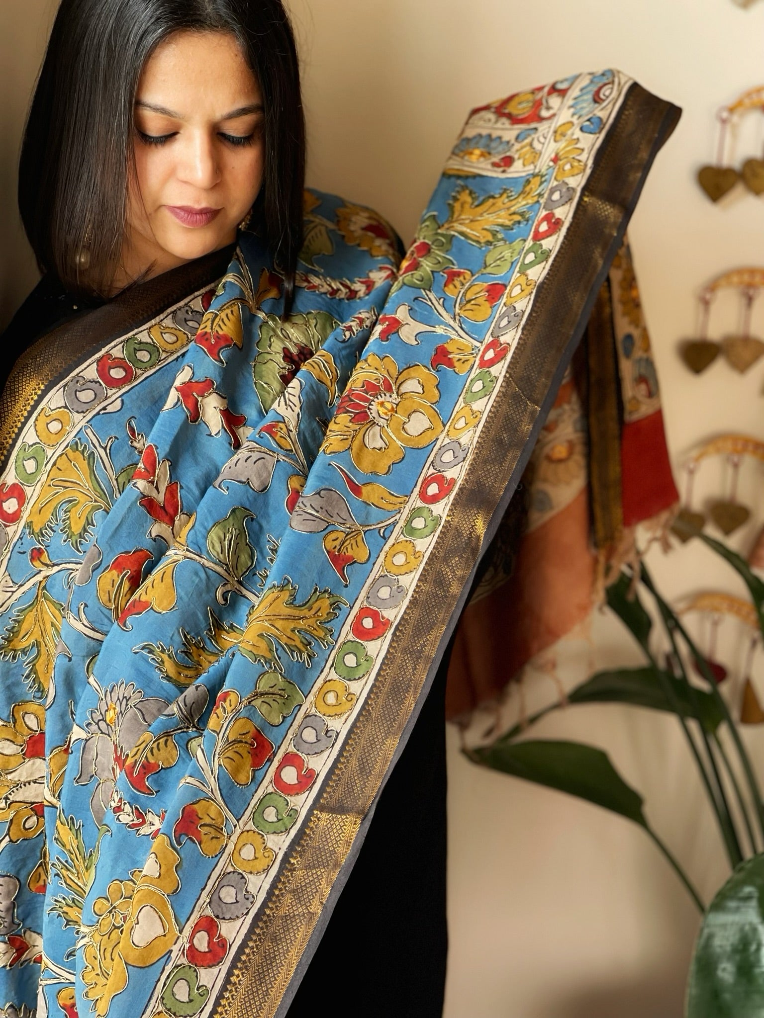 Handpainted Kalamkari Dupatta with Thread & Mirror Handwork in Chanderi Silk - Masakalee