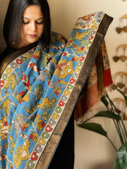 Handpainted Kalamkari Dupatta with Thread & Mirror Handwork in Chanderi Silk - Masakalee