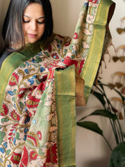 Handpainted Kalamkari Dupatta with Thread & Mirror Handwork in Chanderi Silk - Masakalee