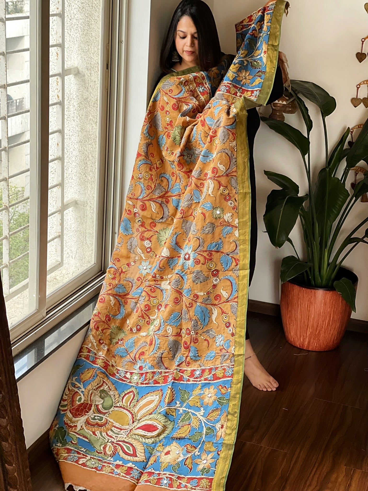 Handpainted Kalamkari Dupatta with Thread & Mirror Handwork in Chanderi Silk - Masakalee