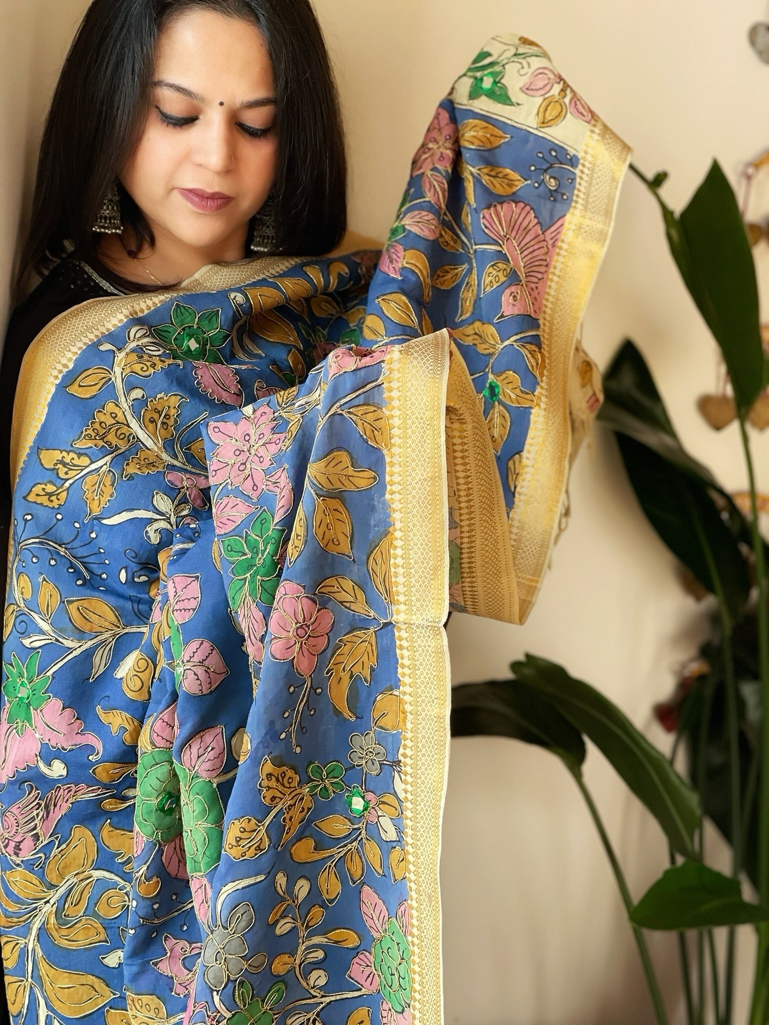 Handpainted Kalamkari Dupatta with Thread & Mirror Handwork in Chanderi Silk - Masakalee