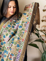 Handpainted Kalamkari Dupatta with Thread & Mirror Handwork in Chanderi Silk - Masakalee