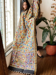 Handpainted Kalamkari Dupatta with Thread & Mirror Handwork in Chanderi Silk - Masakalee