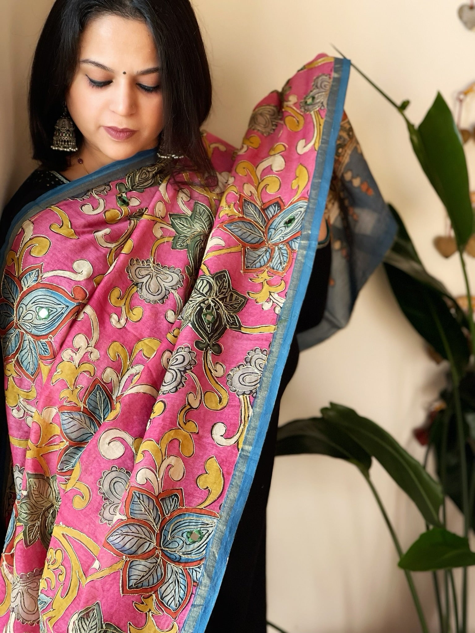 Handpainted Kalamkari Dupatta with Thread & Mirror Handwork in Chanderi Silk - Masakalee