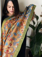 Handpainted Kalamkari Dupatta with Thread & Mirror Handwork in Chanderi Silk - Masakalee