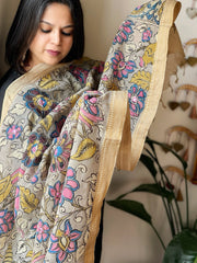 Handpainted Kalamkari Dupatta with Thread & Mirror Handwork in Chanderi Silk - Masakalee