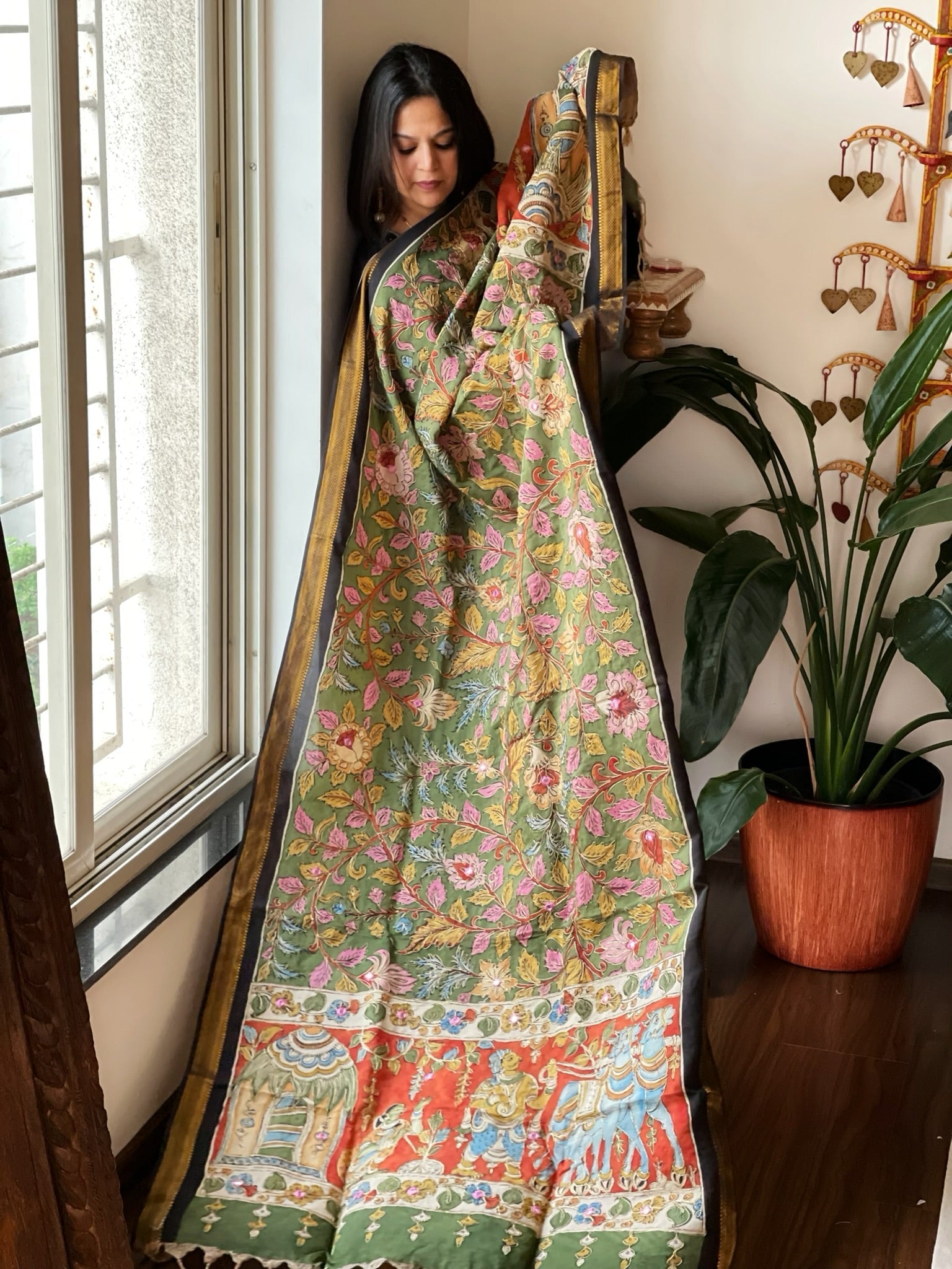 Handpainted Kalamkari Dupatta with Thread & Mirror Handwork in Chanderi Silk - Masakalee