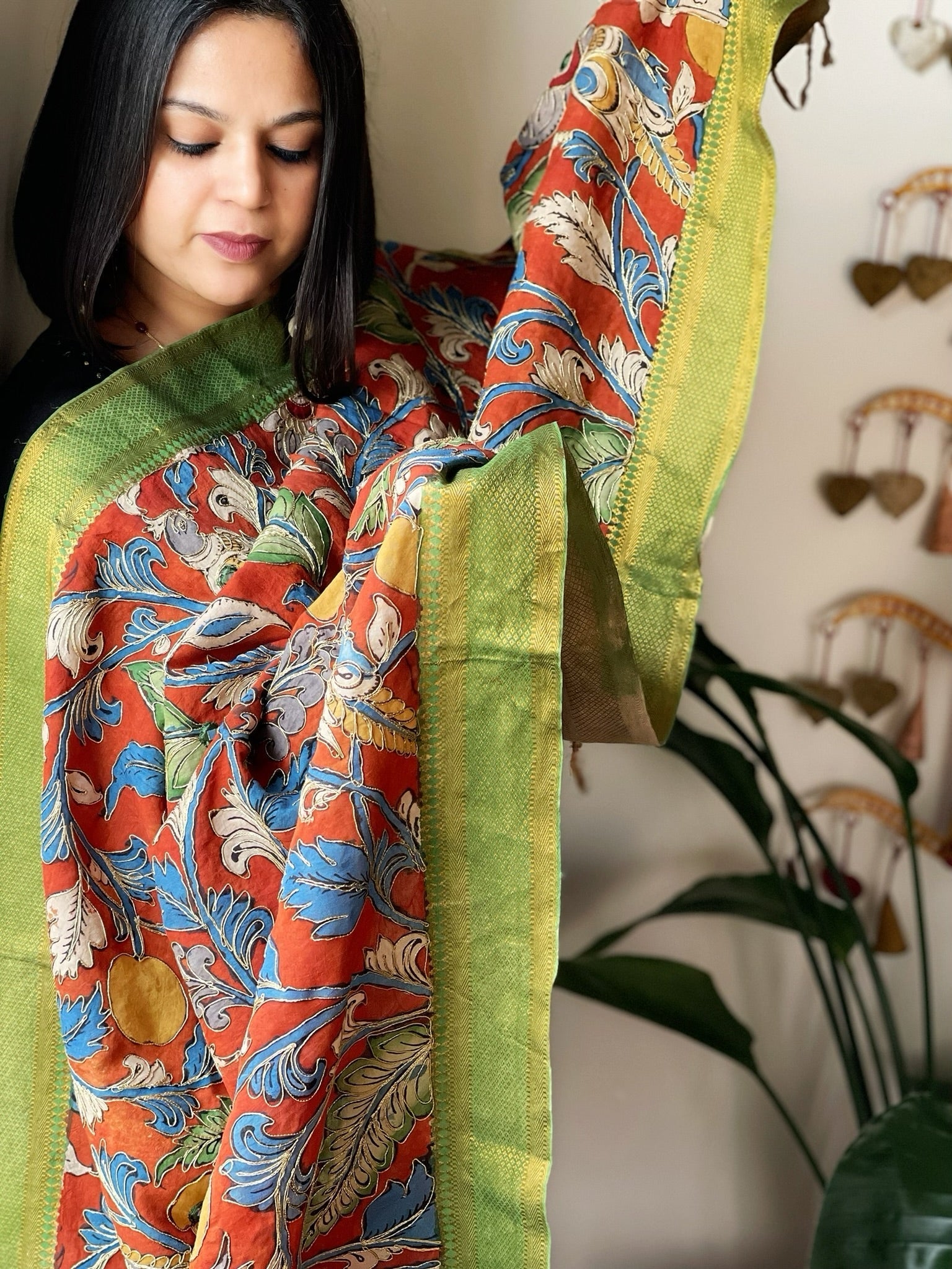 Handpainted Kalamkari Dupatta with Thread & Mirror Handwork in Chanderi Silk - Masakalee