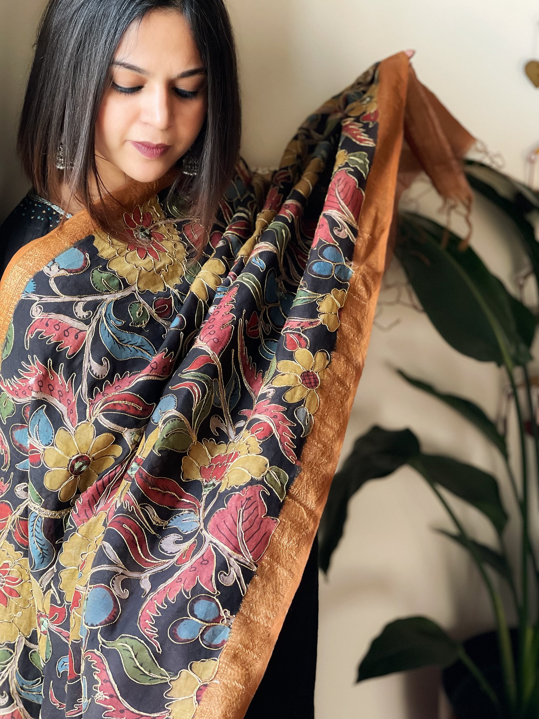 Handpainted Kalamkari Dupatta with Thread & Mirror Handwork in Chanderi Silk - Masakalee