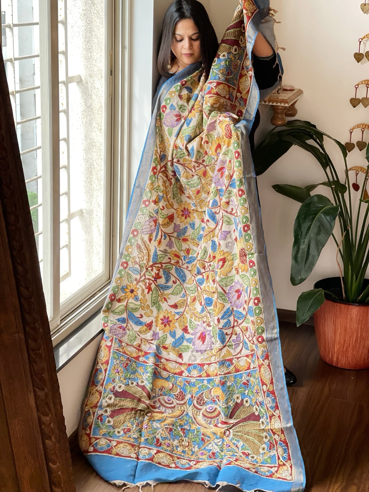 Handpainted Kalamkari Dupatta with Thread & Mirror Handwork in Chanderi Silk - Masakalee