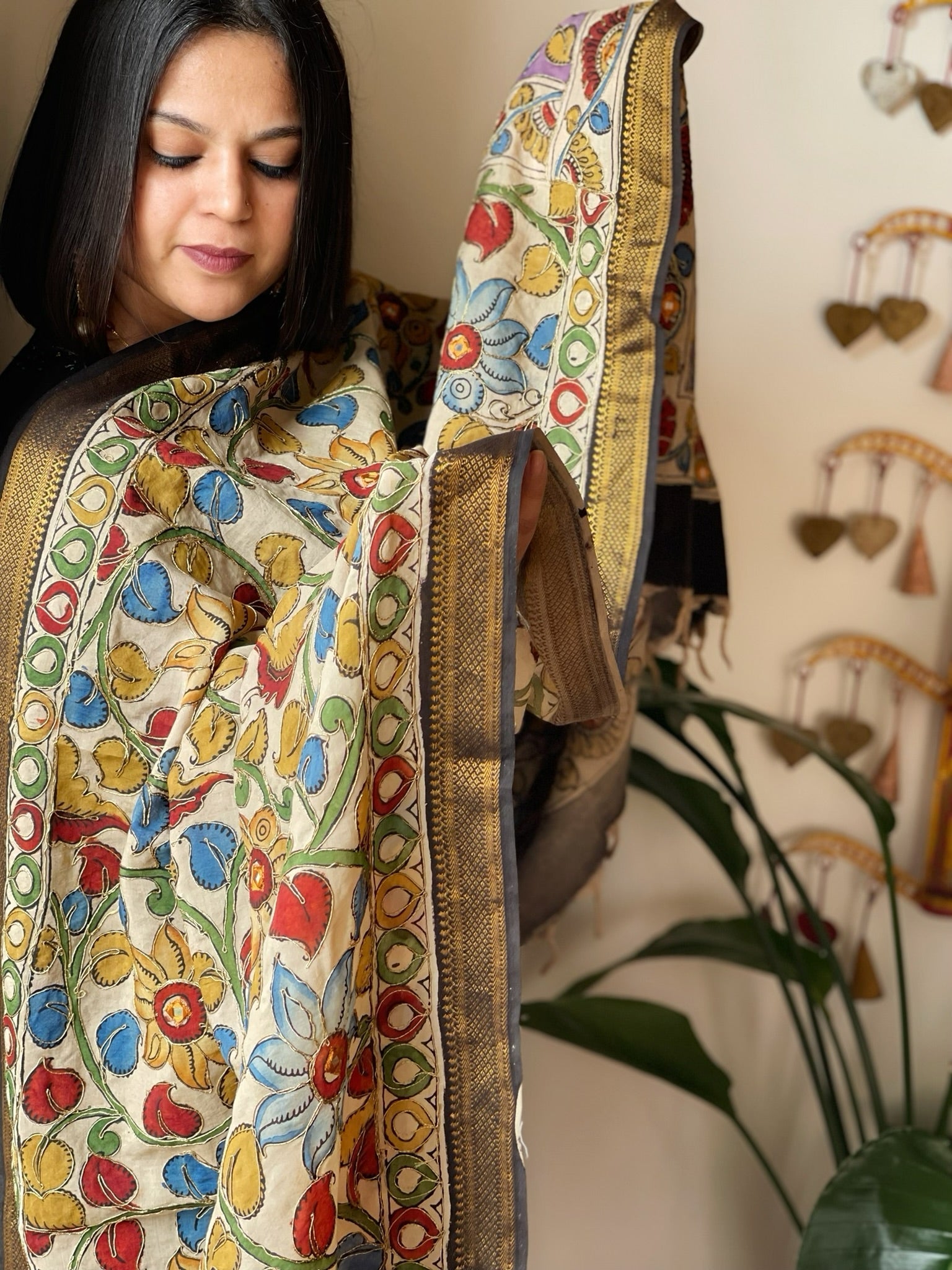 Handpainted Kalamkari Dupatta with Thread & Mirror Handwork in Chanderi Silk - Masakalee