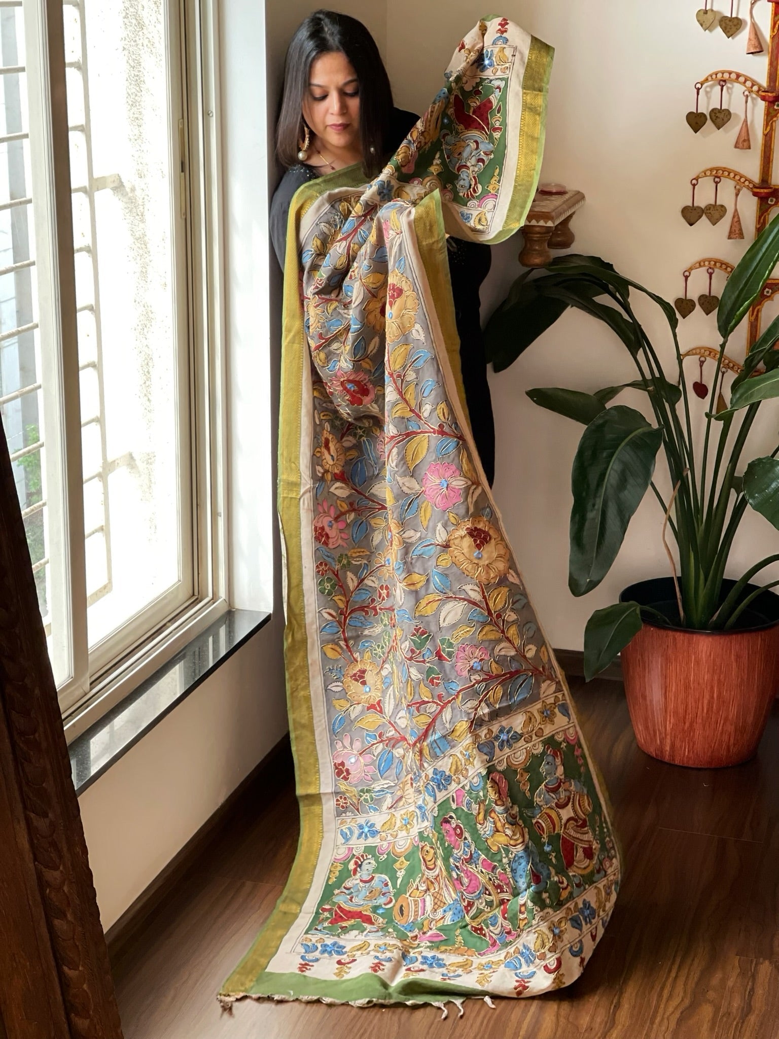 Handpainted Kalamkari Dupatta with Thread & Mirror Handwork in Chanderi Silk - Masakalee