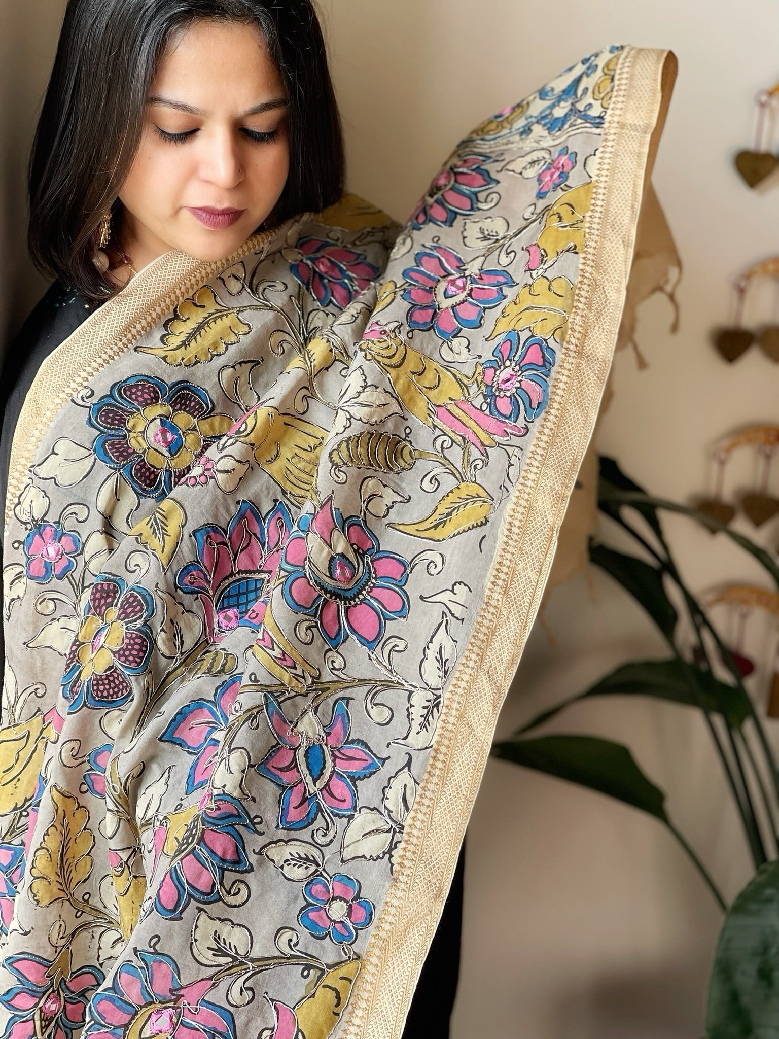 Handpainted Kalamkari Dupatta with Thread & Mirror Handwork in Chanderi Silk - Masakalee