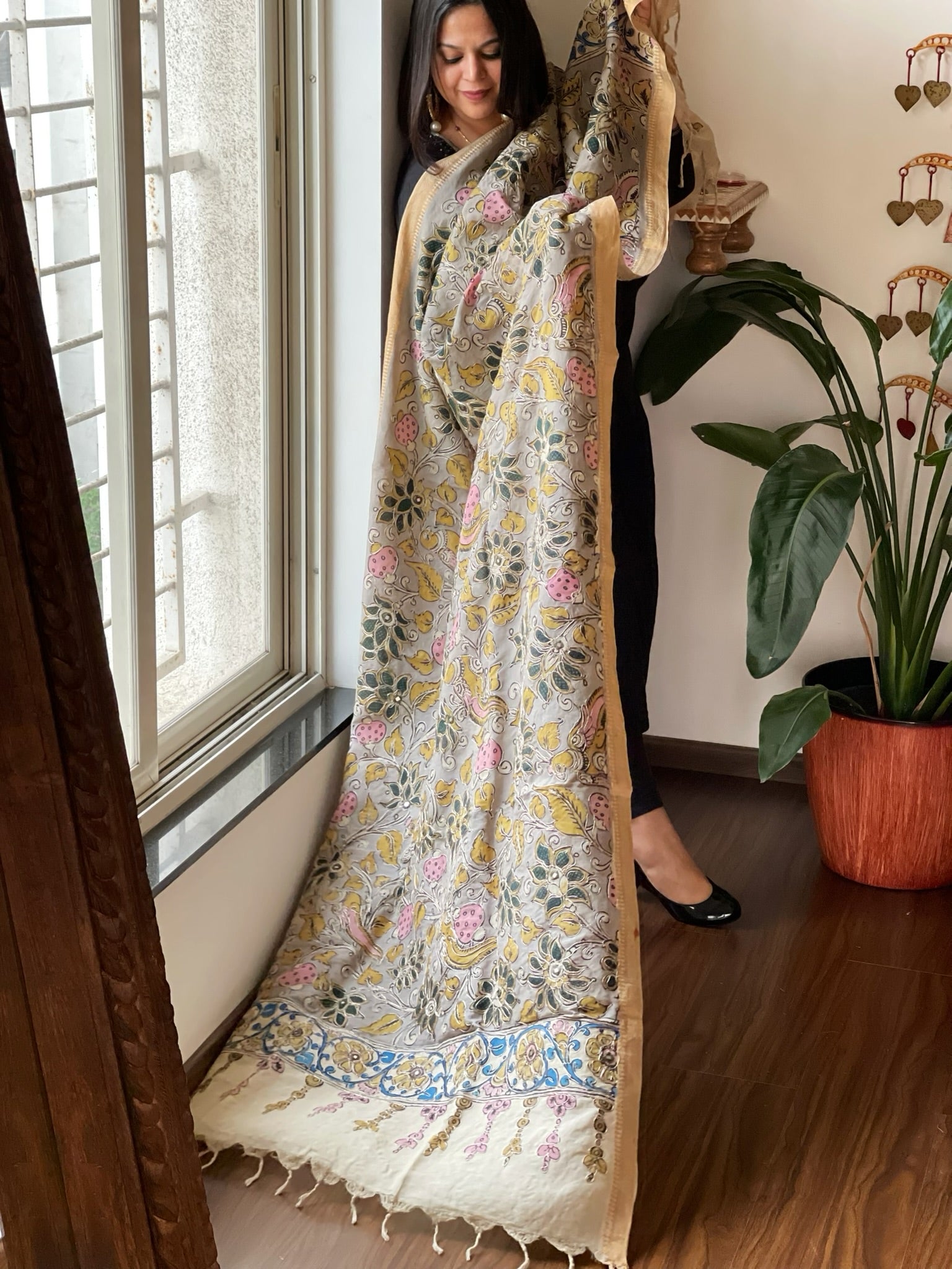 Handpainted Kalamkari Dupatta with Thread & Mirror Handwork in Chanderi Silk - Masakalee