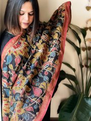 Handpainted Kalamkari Dupatta with Thread & Mirror Handwork in Chanderi Silk - Masakalee