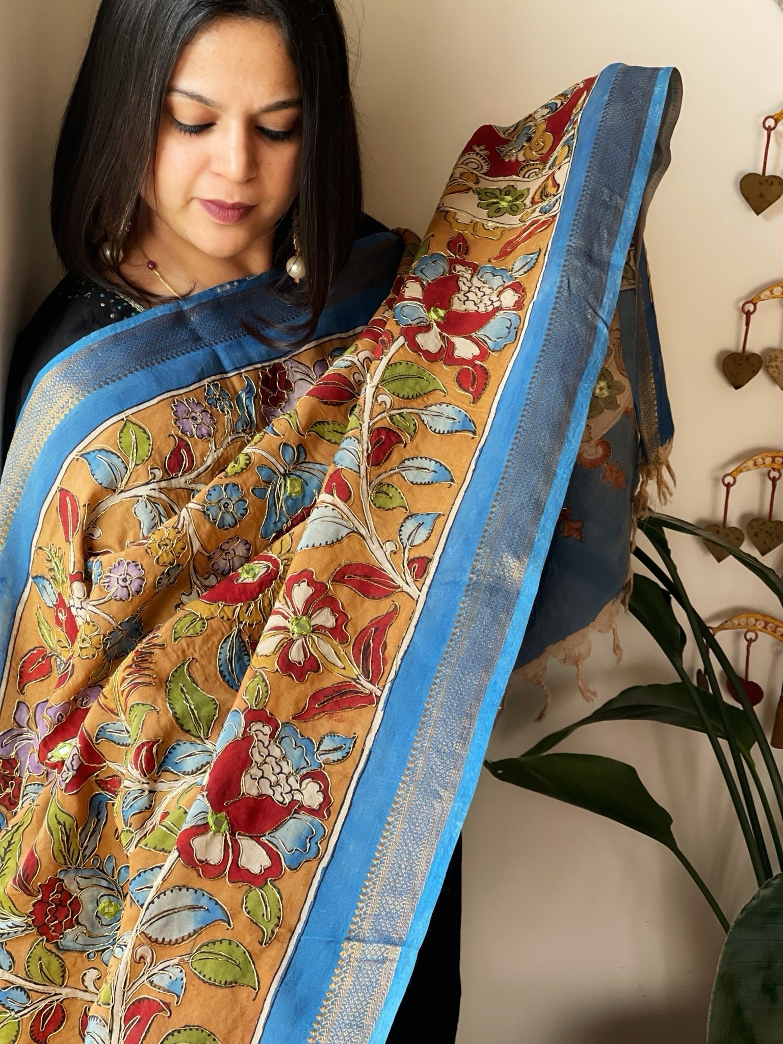 Handpainted Kalamkari Dupatta with Thread & Mirror Handwork in Chanderi Silk - Masakalee