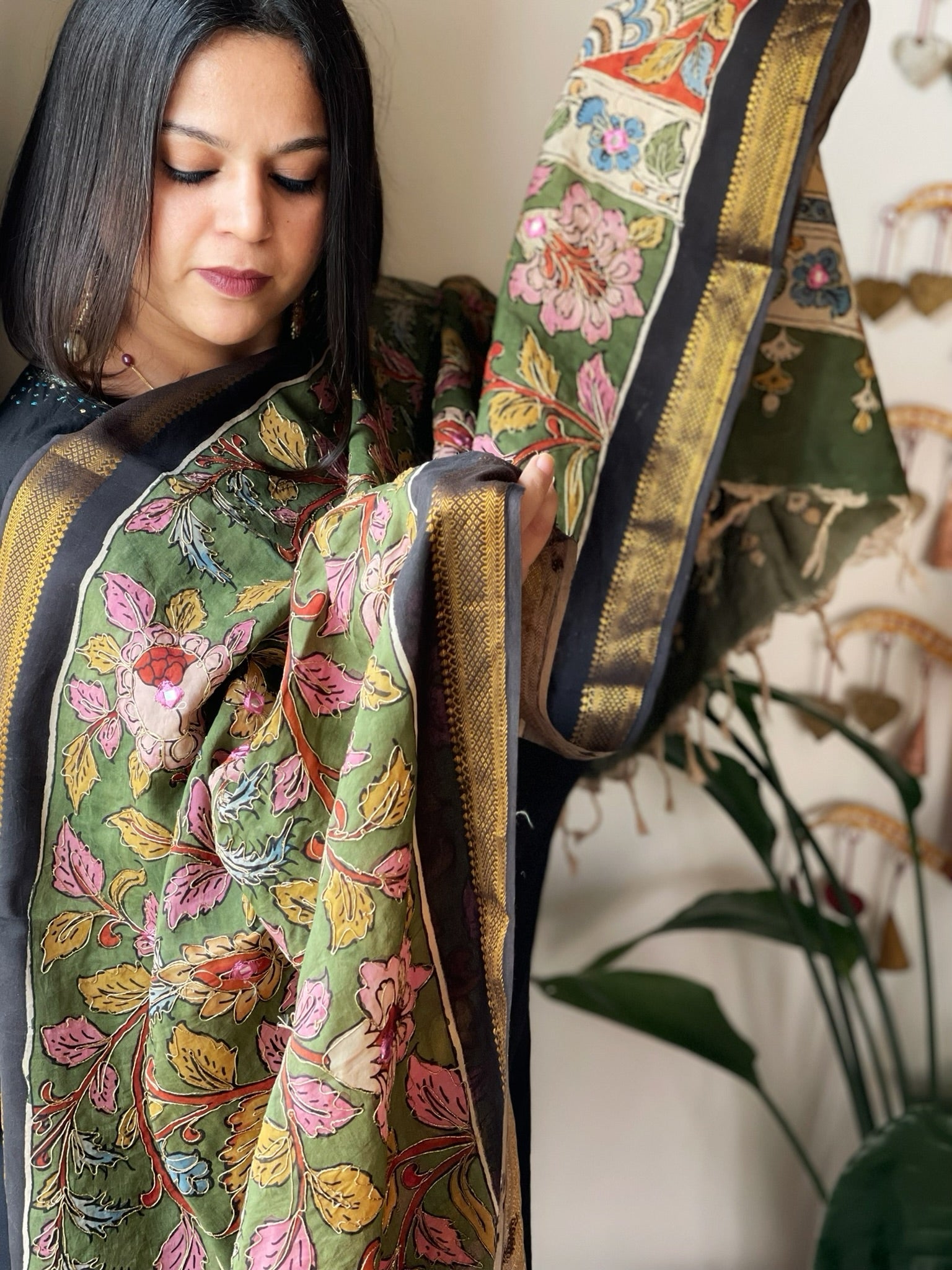 Handpainted Kalamkari Dupatta with Thread & Mirror Handwork in Chanderi Silk - Masakalee