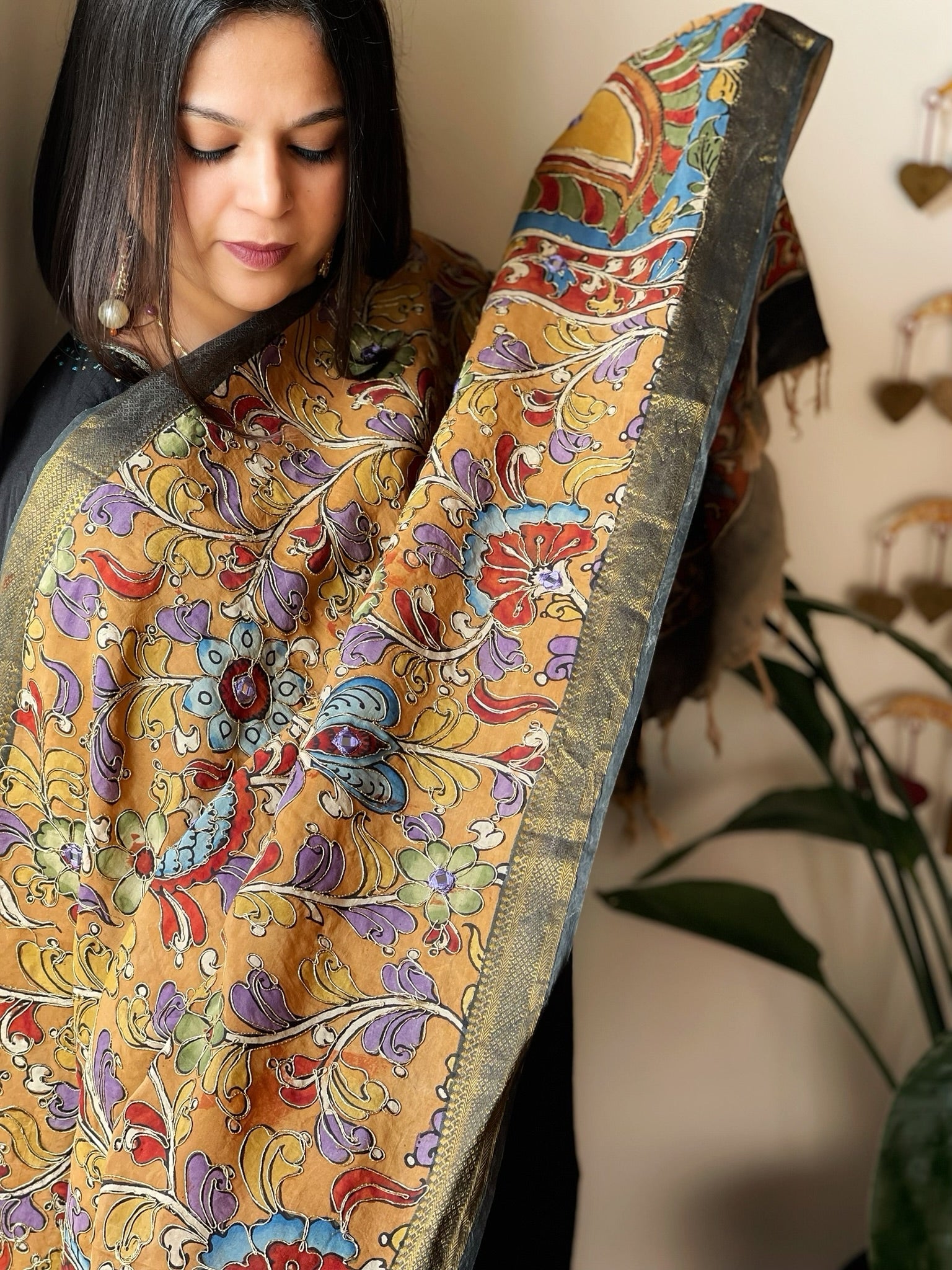 Handpainted Kalamkari Dupatta with Thread & Mirror Handwork in Chanderi Silk - Masakalee