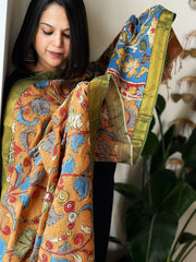 Handpainted Kalamkari Dupatta with Thread & Mirror Handwork in Chanderi Silk - Masakalee