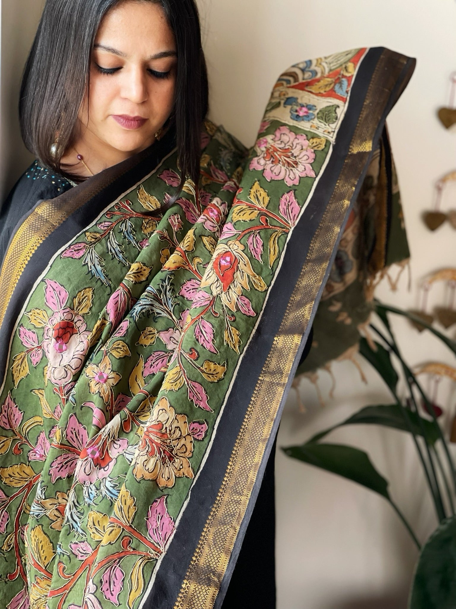 Handpainted Kalamkari Dupatta with Thread & Mirror Handwork in Chanderi Silk - Masakalee