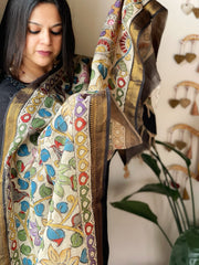 Handpainted Kalamkari Dupatta with Thread & Mirror Handwork in Chanderi Silk - Masakalee